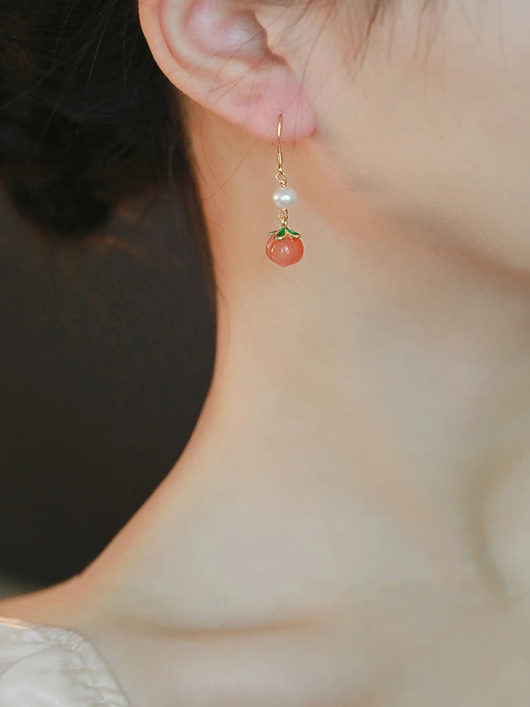 Red Agate Peach Jade Hook Earrings - Vintage Pearl Gift
