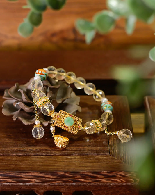 天然黄水晶招财转运手链丨925银镂空元宝与和田玉坠