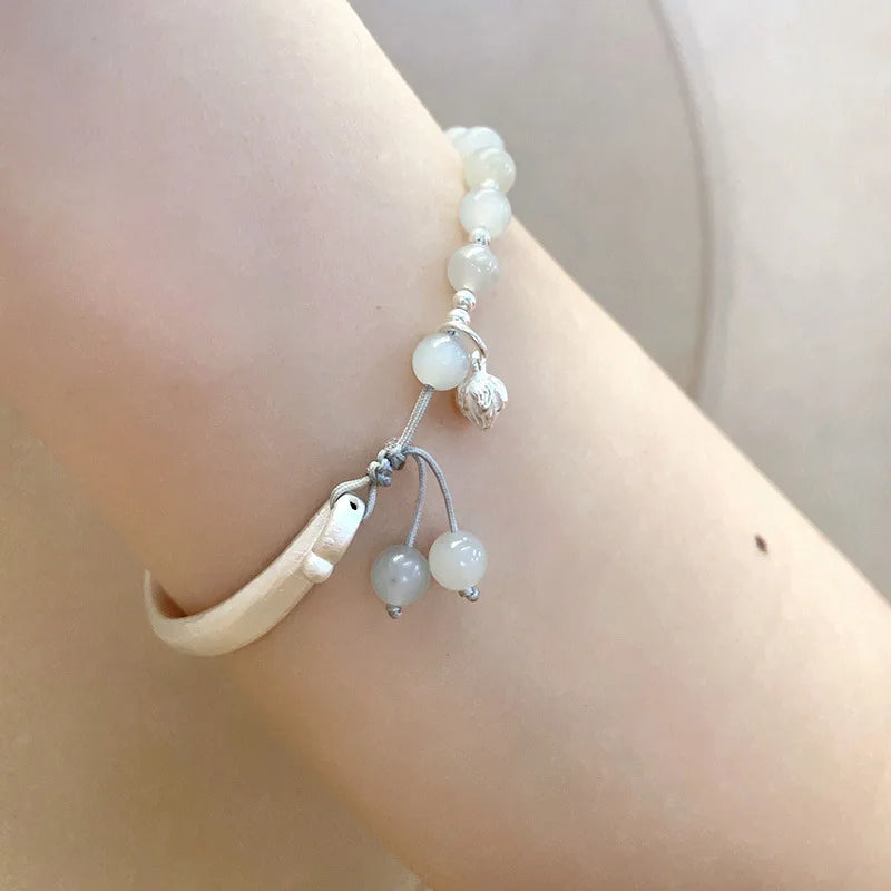 Green Hetian Jade Lotus Beaded Bracelet — Lotus Pendant