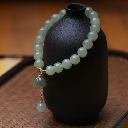 Hetian Jade Lotus Pendant 8mm Round Bead Bracelet — Elegant Charm for Women