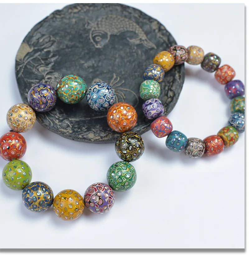 Antique Wood Circle Bracelet with Mother-of-Pearl Luck Charm