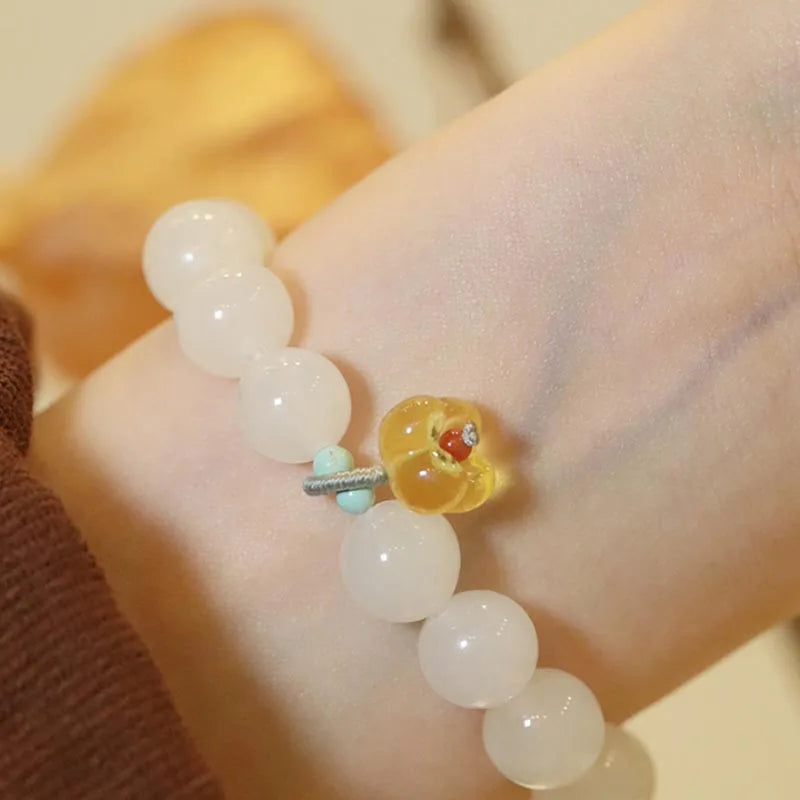 Hetian White Jade 10mm Bead Bracelet — Cinnamon Knot Blessing Gift