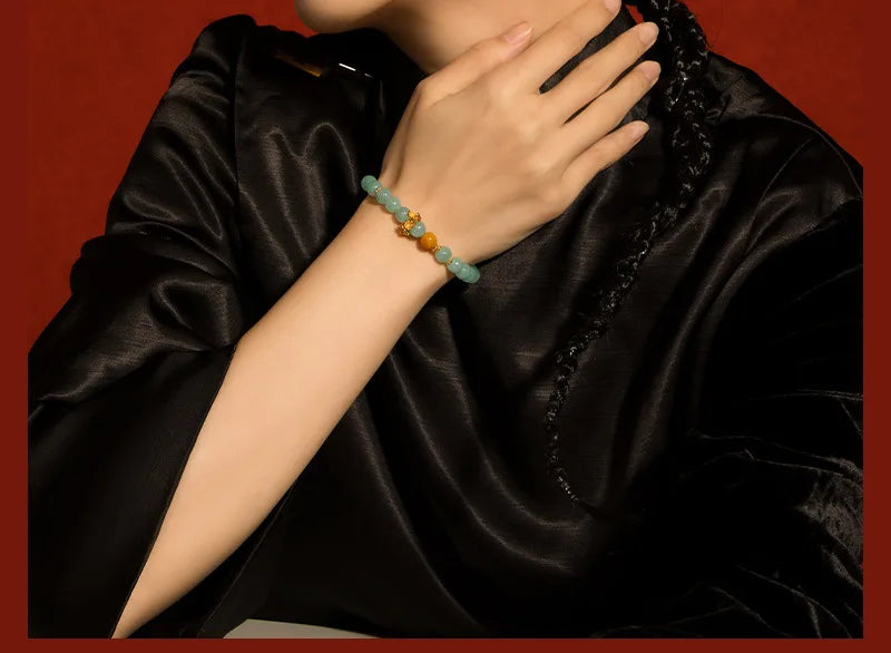 Natural Myanmar & Hotan Yellow Jade Bead Bracelet｜Plum Blossom Charm for Protection