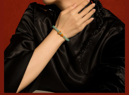 Natural Myanmar & Hotan Yellow Jade Bead Bracelet｜Plum Blossom Charm for Protection