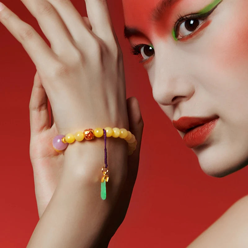 8mm Amber Hetian Jade Bell Bracelet｜Feng Shui Elegance