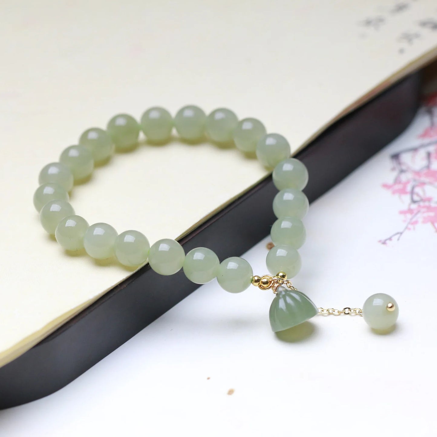 Hetian Jade Lotus Pendant 8mm Round Bead Bracelet — Elegant Charm for Women