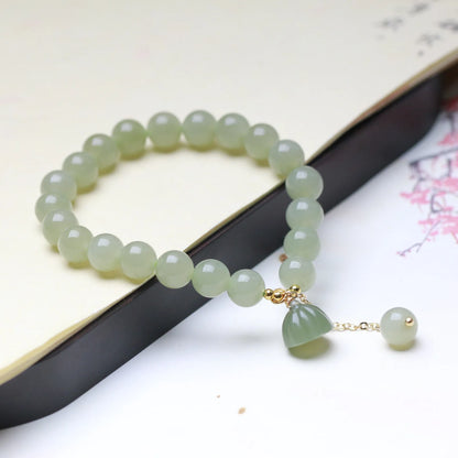 Hetian Jade Lotus Pendant 8mm Round Bead Bracelet — Elegant Charm for Women