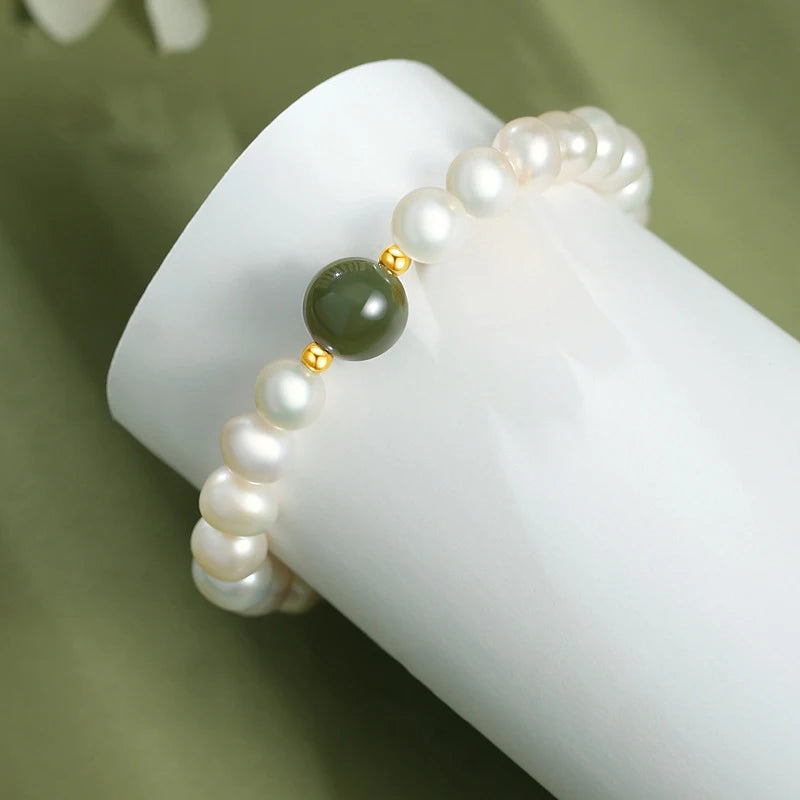 Hetian (Hotan) Jade 10mm & Freshwater Pearl Bracelet — Retro Feng Shui Charm