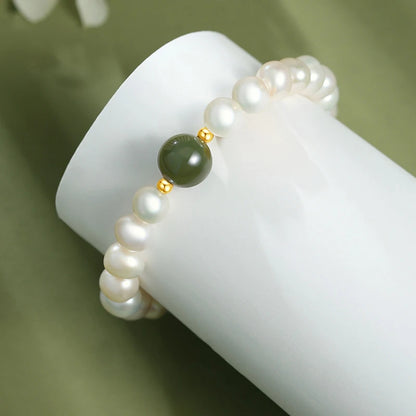 Hetian (Hotan) Jade 10mm & Freshwater Pearl Bracelet — Retro Feng Shui Charm