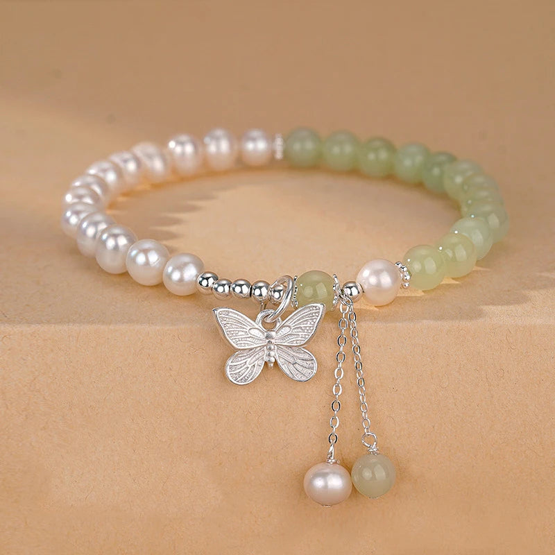 Butterfly Tassel Pendant Bracelet with Natural Hetian Jade