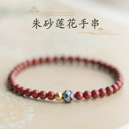 Natural Cinnabar & Blue Lotus Cloisonné Bracelet