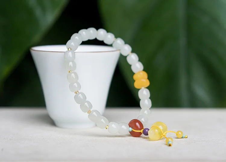 Hetian Jade 7x8mm Beaded Pendant Bracelet — Unisex Charm