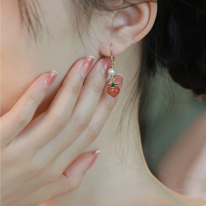 Red Agate Peach Jade Hook Earrings - Vintage Pearl Gift