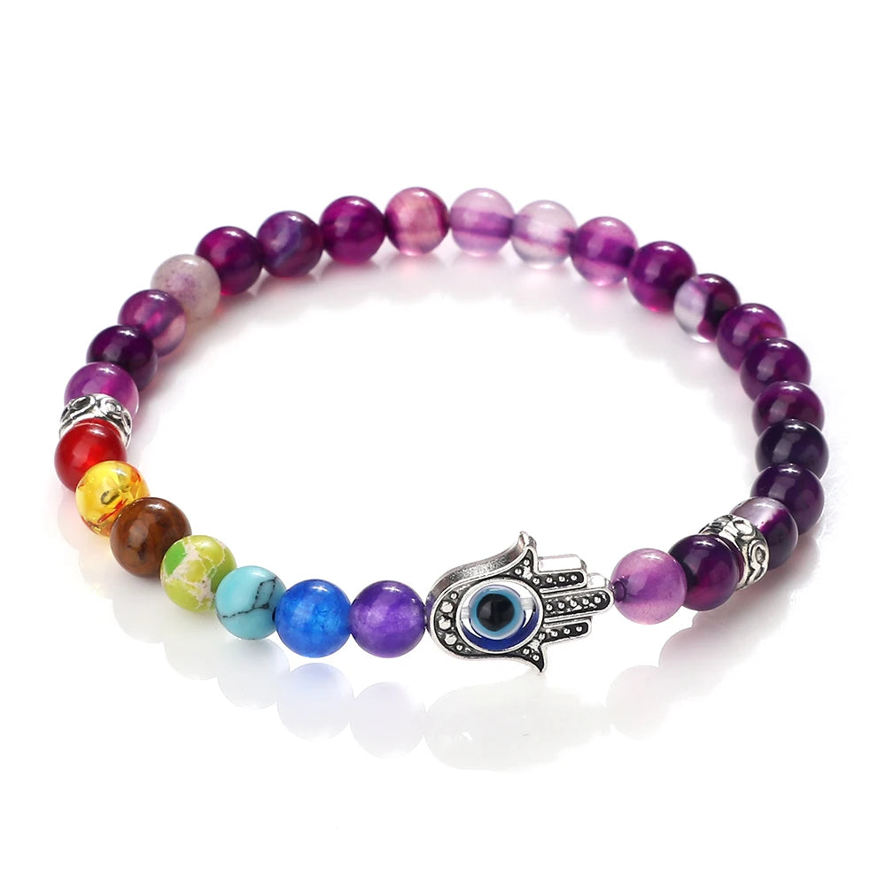 6mm天然石七脉轮弹力手链｜掌形邪眼护符 男女通用