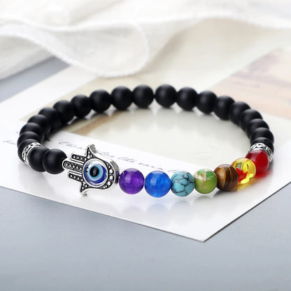 6mm天然石七脉轮弹力手链｜掌形邪眼护符 男女通用
