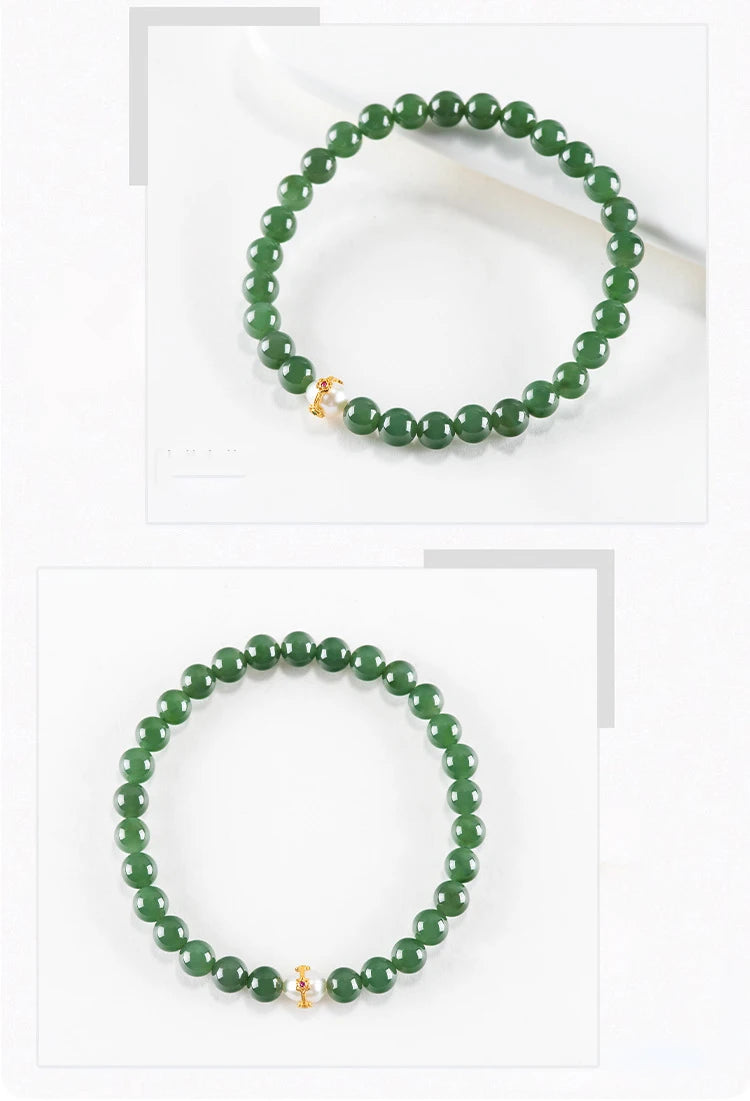 6mm Natural Hetian Jade Bead Bracelet — Ancient-Style Feng Shui Charm