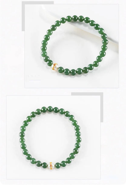 6mm Natural Hetian Jade Bead Bracelet — Ancient-Style Feng Shui Charm
