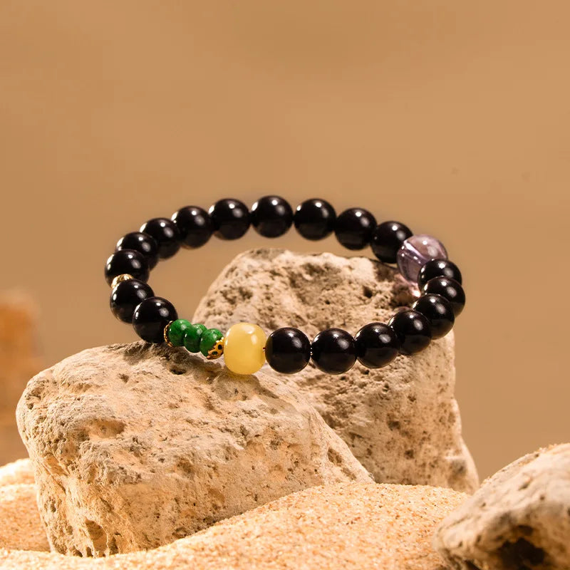 Obsidian & Purple Sandalwood Bracelet with 925 Needle