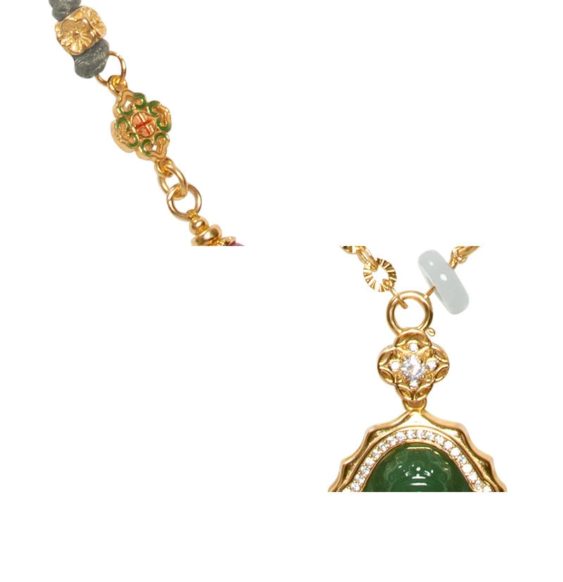 Green Jade-Look Smile Buddha Choker - Lucky Titanium Chain