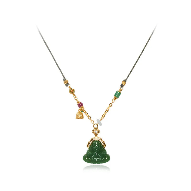 Green Jade-Look Smile Buddha Choker - Lucky Titanium Chain