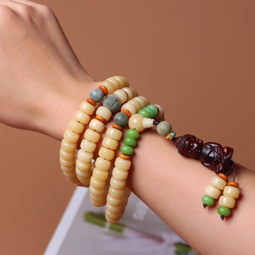 White Jade Bodhi Root Wrap Bracelet — Multi-Treasure