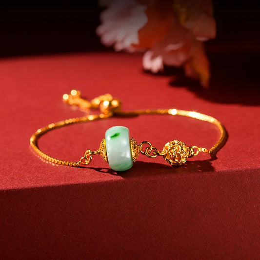 Jade & Gold-Plated Beaded Bangle｜Vintage Feng Shui Bracelet