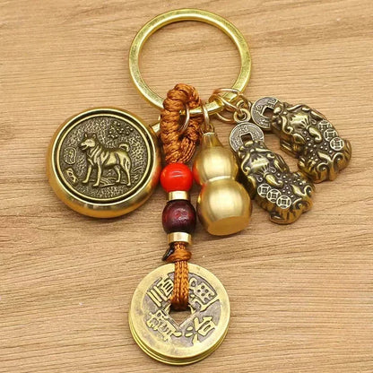 黄铜咬钱葫芦生肖转运钥匙扣｜中国结车挂 聚财化煞可旋转护符