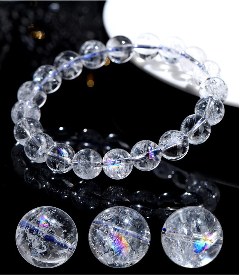 Natural Rainbow White Crystal & Jade Round Bead Bracelet — Feng Shui Charm