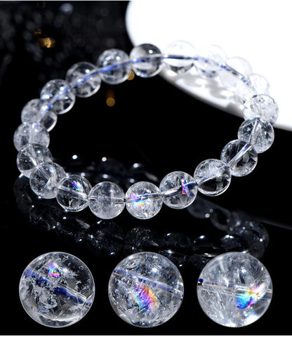 Natural Rainbow White Crystal & Jade Round Bead Bracelet — Feng Shui Charm