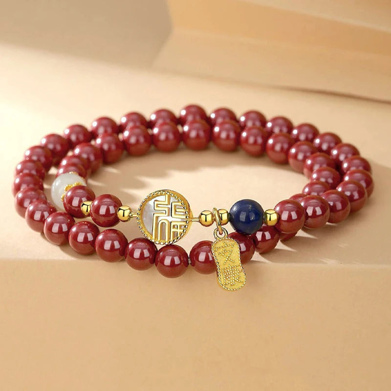 Natural Cinnabar Double-Circle Bracelet — Chinese Vintage Charm