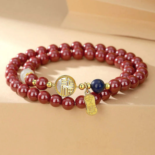 Natural Cinnabar Double-Circle Bracelet — Chinese Vintage Charm