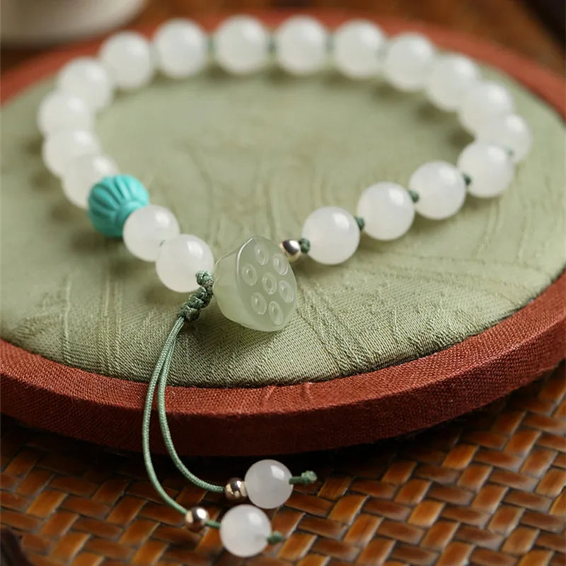 White Hetian Jade Lotus Beaded Bracelet — Handmade Feng Shui Crystal