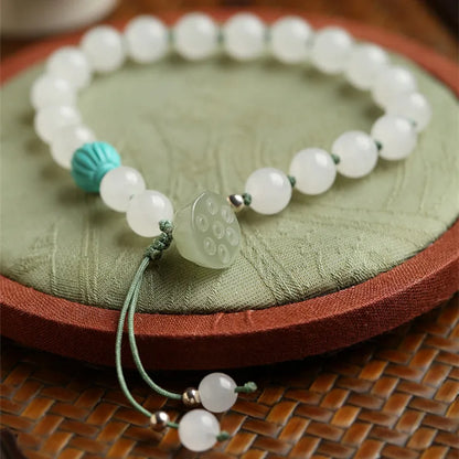 White Hetian Jade Lotus Beaded Bracelet — Handmade Feng Shui Crystal