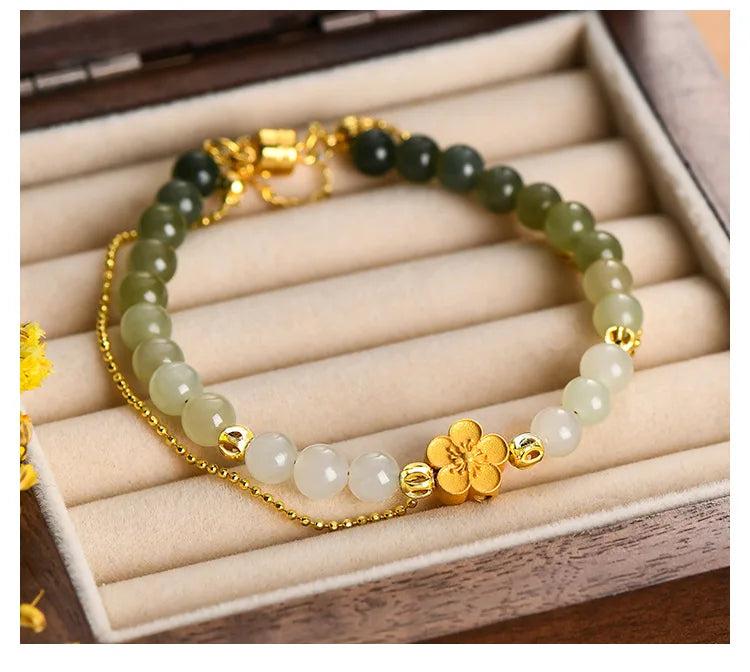 Peach Blossom Hotan Jade Hand-String Bracelet — Romance & Protection
