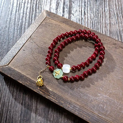 Double Circle Cinnabar-Style Bracelet with Pixiu & Gourd Pendant