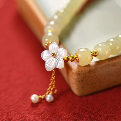 Peach Blossom Pearl & Hetian Jade Hand‑Woven Tassel Bracelet