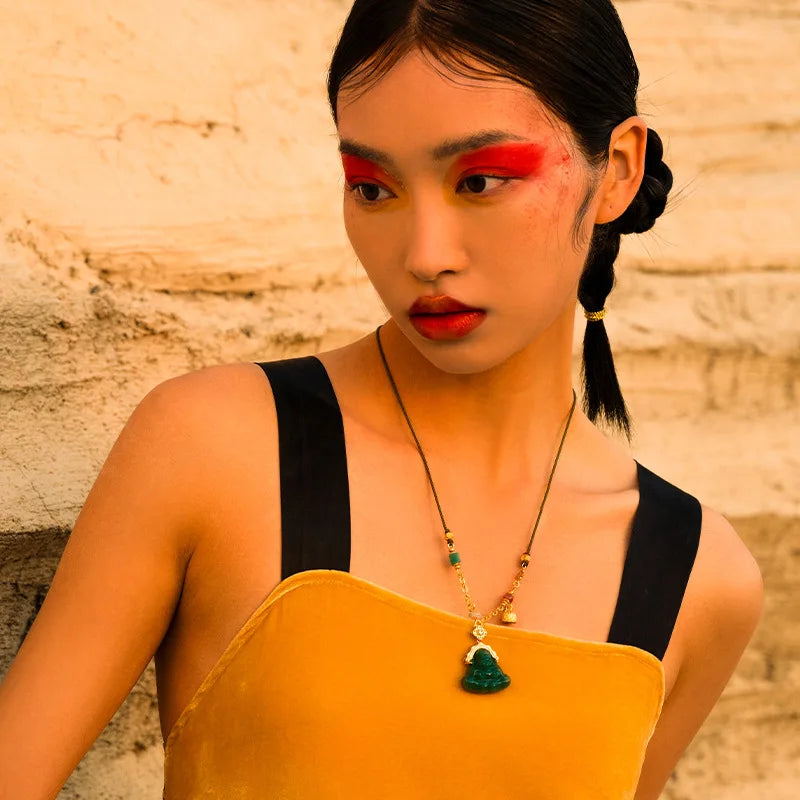 Green Jade-Look Smile Buddha Choker - Lucky Titanium Chain