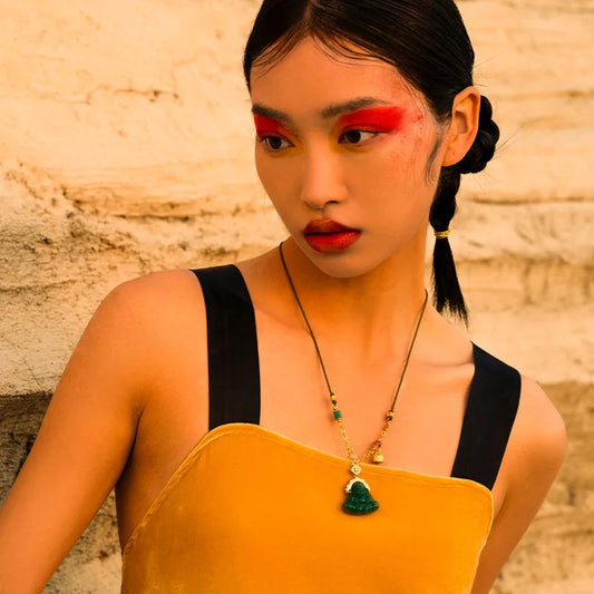 Green Jade-Look Smile Buddha Choker - Lucky Titanium Chain