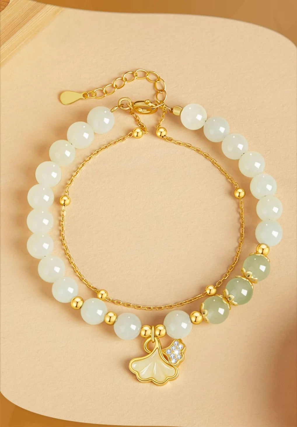 Hetian Jade Ginkgo Double-Layer Bracelet｜S925 Elegant Handmade