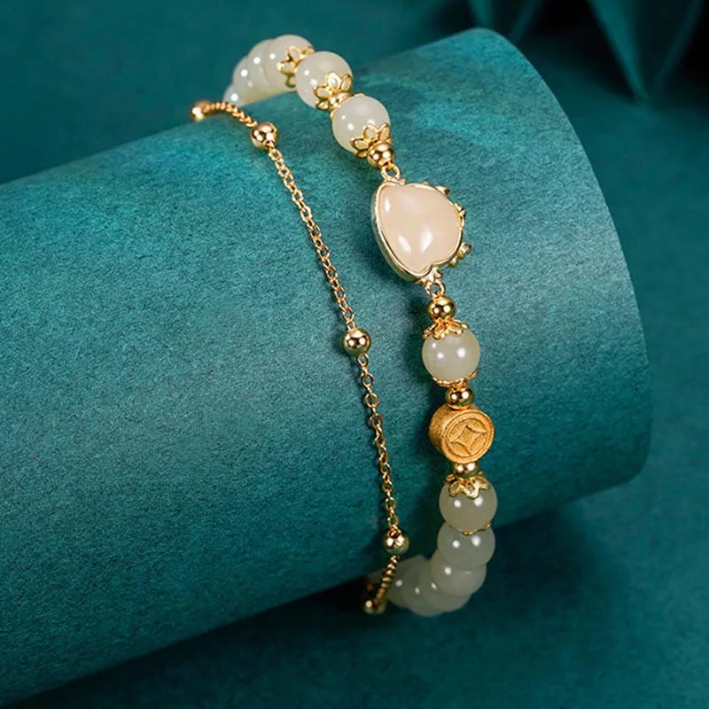 Hotan Jade Double-Layered Bracelet – Vintage Leaf Charm