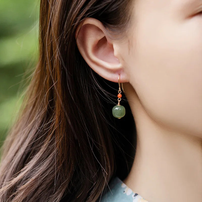 Hetian Jade Green Earrings | Sterling Silver Allergy-Proof