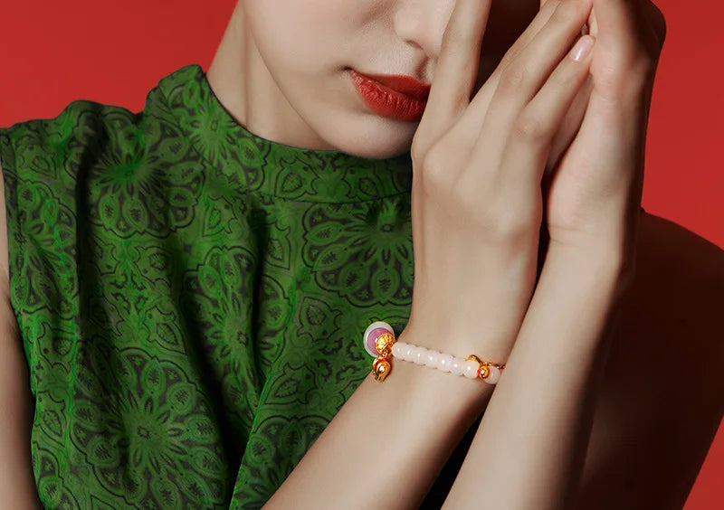 Natural Hetian Jade Bracelet for Women｜Silver & Gold-Plated Accents