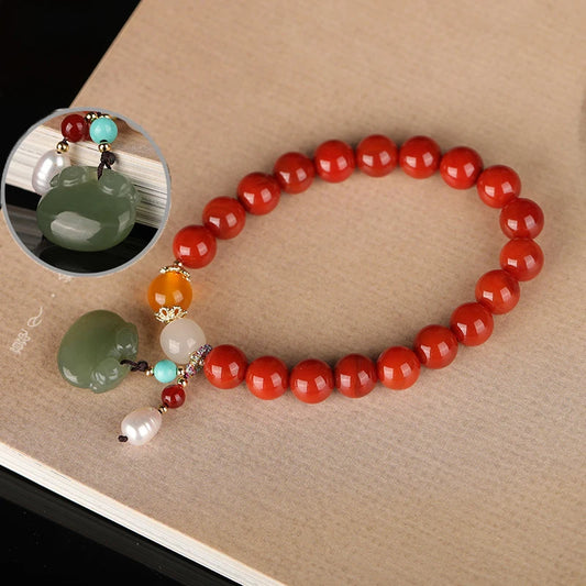 Agate Attracting Wealth Circle Bead Natural South Red Bracelet With Amber Green Pine Round Bead Bracelet  High-Grade Jewelry
