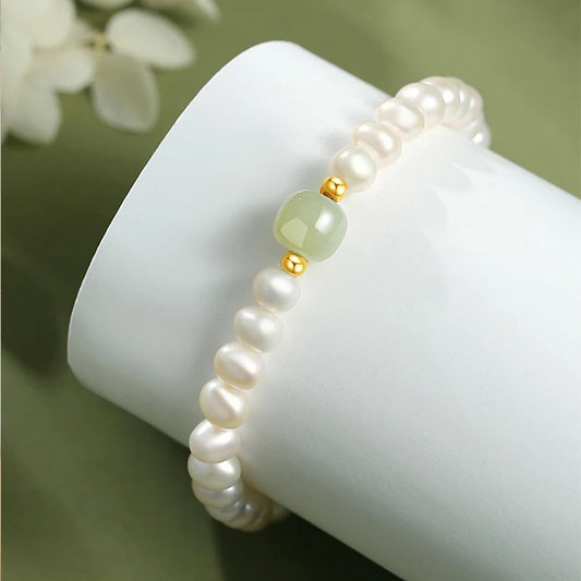 Green Bead Freshwater Pearl 6MM Lucky Bangle – Vintage Butterfly Charm