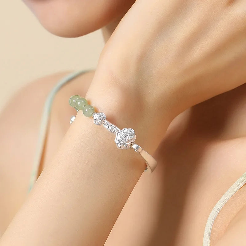 Natural Hotan Green Jade Round Bead Bracelet｜Vintage Luck & Free Engraving