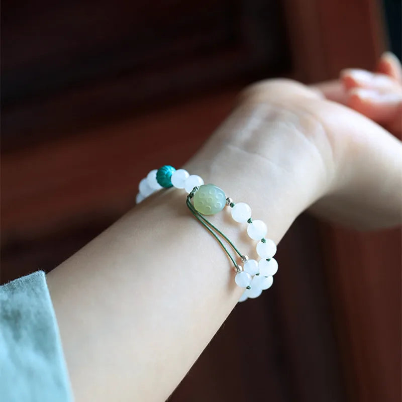 White Hetian Jade Lotus Beaded Bracelet — Handmade Feng Shui Crystal