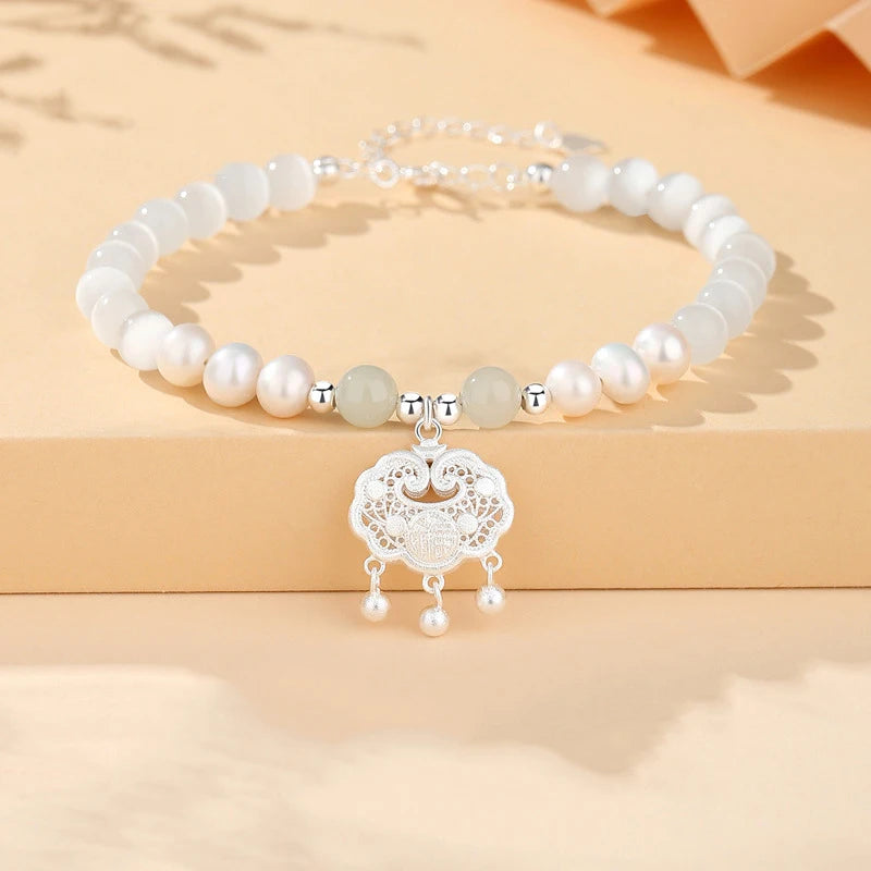 Cat's Eye & Freshwater Pearl 925 Peace-Lock Beaded Bracelet for Women