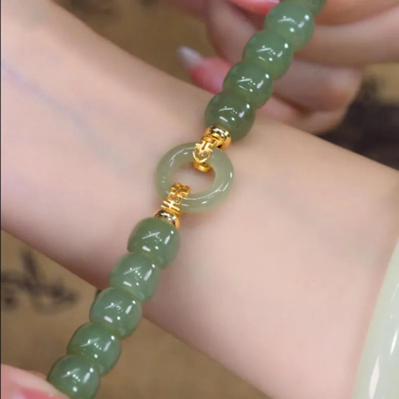 Natural Hetian Jade Gong-Bell Bracelet — Retro Boho Elegance