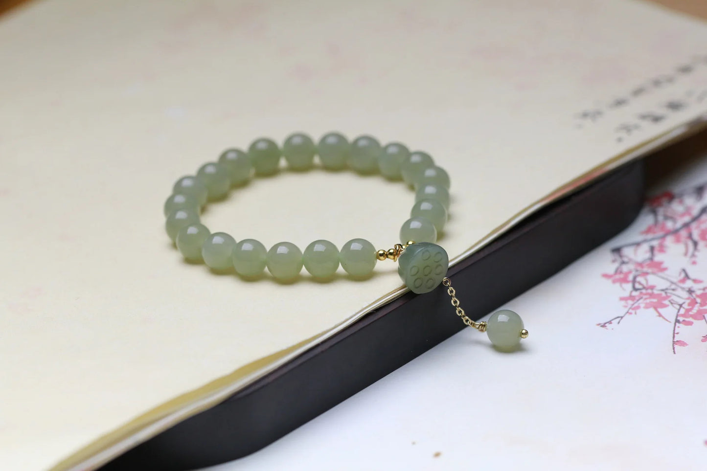 Hetian Jade Lotus Pendant 8mm Round Bead Bracelet — Elegant Charm for Women
