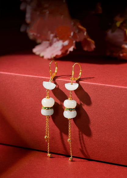 Hetian White Jade Tassel Earrings — Retro Feng Shui Elegance